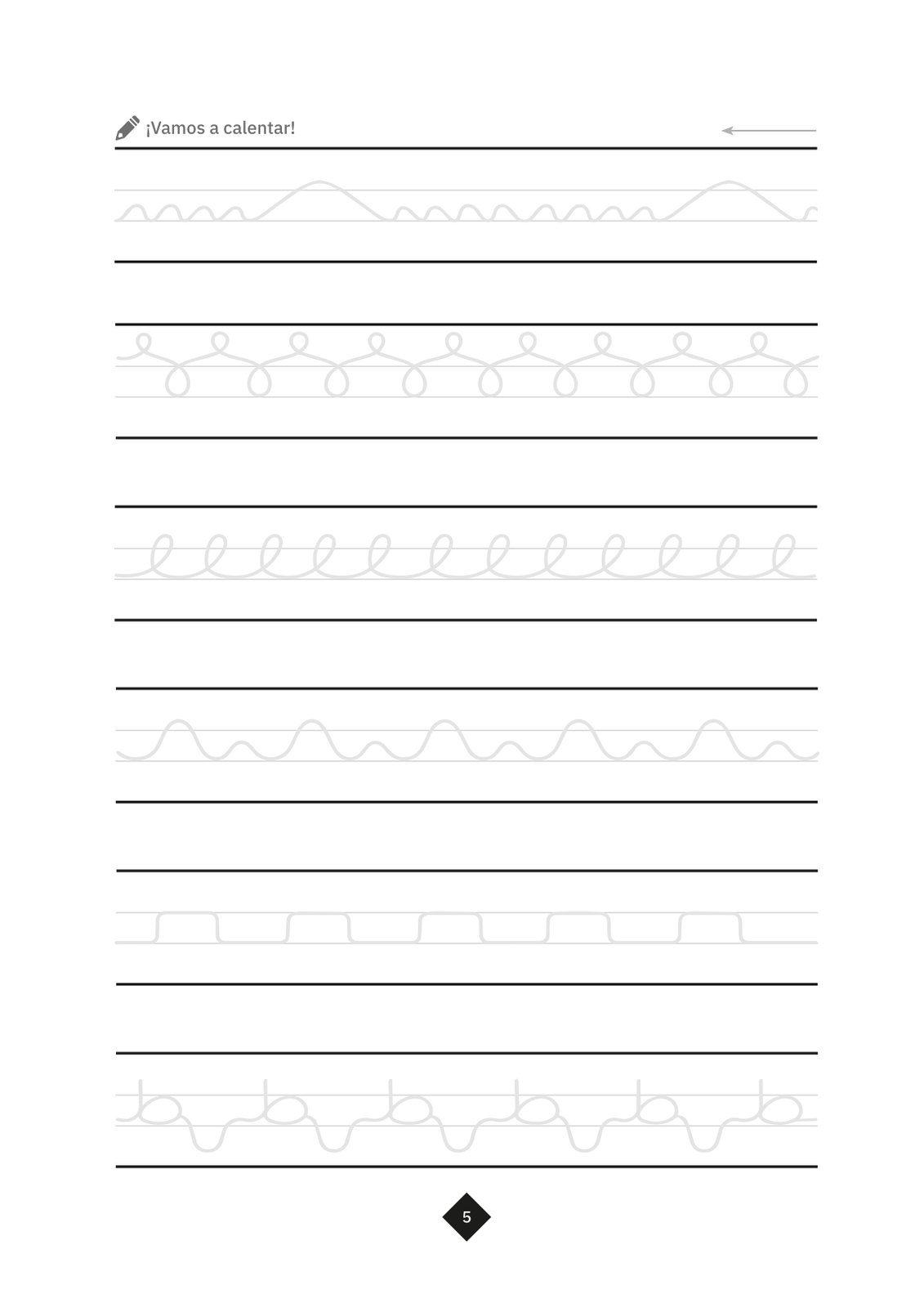 Página de calentamiento del cuaderno de caligrafía árabe con ejercicios de líneas y curvas para soltar la mano antes de empezar con las letras